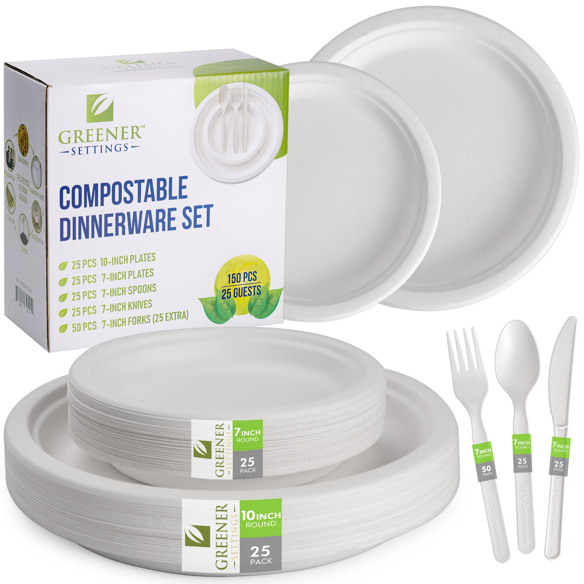Greener Settings 10/7 in. White Compostable Disposable Paper Plate Set Plus Cutlery [25 Guest Service]